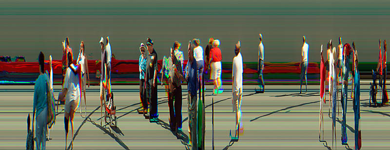 older people parade lines waves distorted distortion pan epan panoramic slitscan smear shadow green red blue yellow black white pink hat skinny stretch melt perspective book cover langdon review arts texas crowd x time dimensional exchange san antonio