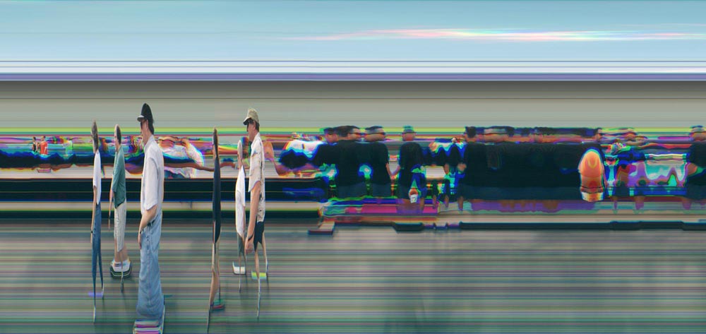 people lines waves distorted distortion pan epan panoramic slitscan walking stretch skinny background black orange pink purple blue green yellow feet sunglasses x time dimensional exchange san antonio