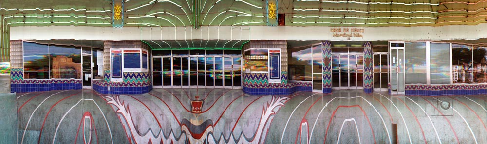 older alameda theater theatre movie pan epan lines waves panoramic slitscan red blue sidewalk design bizarre green tile lights neon sign door window perspective x time dimensional exchange san antonio